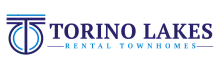 Elegant Torino Lakes Rental Townhomes logo in white, featuring sleek typography and geometric design elements.