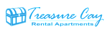 Blue logo featuring a treasure chest with elegant 'Treasure Cay Rental Apartments' script.
