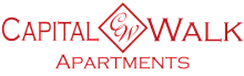 Elegant Capital Walk Apartments logo featuring red stylized lettering and emblem.