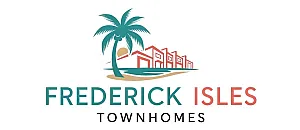 Vibrant logo for Frederick Isles Townhomes featuring a stylized palm tree and modern townhome design, capturing an inviting and tropical lifestyle.