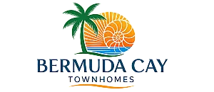 Tropical-themed logo of Bermuda Cay Townhomes with a palm tree and a vibrant seashell design.