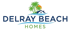 Delray Beach Homes logo featuring a coastal vibe with palm trees and a sun setting above a house silhouette.