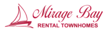 Elegant Mirage Bay Marina sign with sailboat graphic in a sophisticated red design.