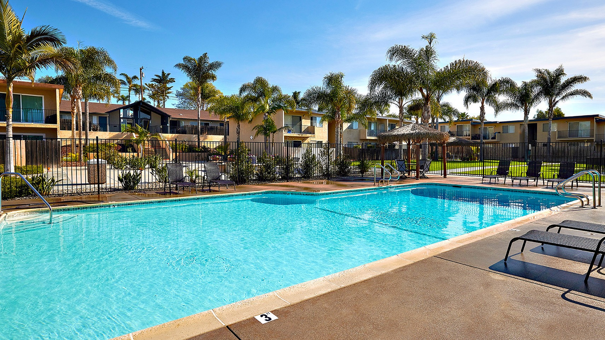 Inviting outdoor pool area with crystal-clear water, surrounded by palm trees and sun loungers, perfect for relaxation and leisure in a vibrant apartment community.