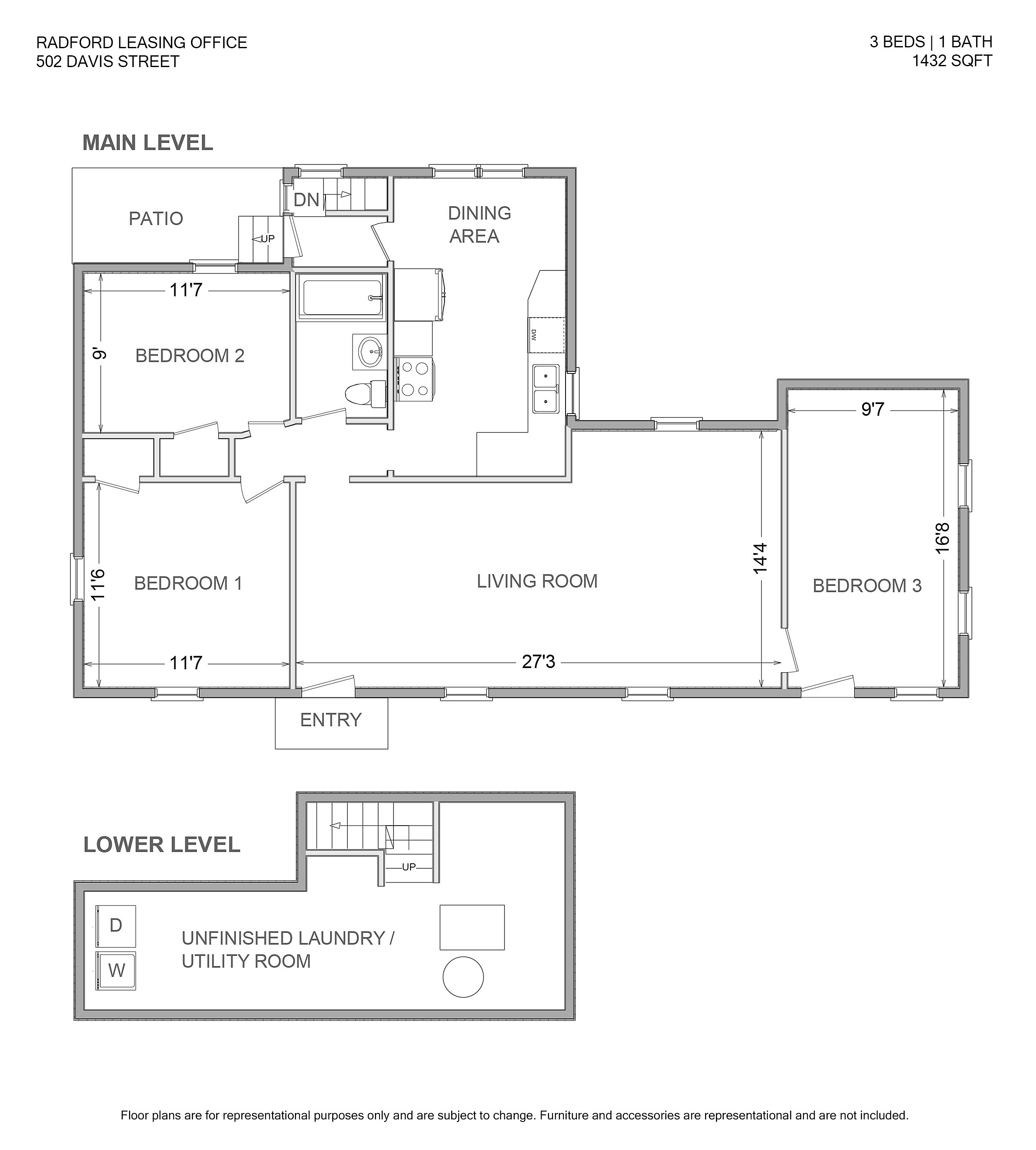 Spacious 3-bedroom house floor plan at 502 Davis Street featuring a large living room, dining area, patio, and a laundry room across 1432 sq ft.
