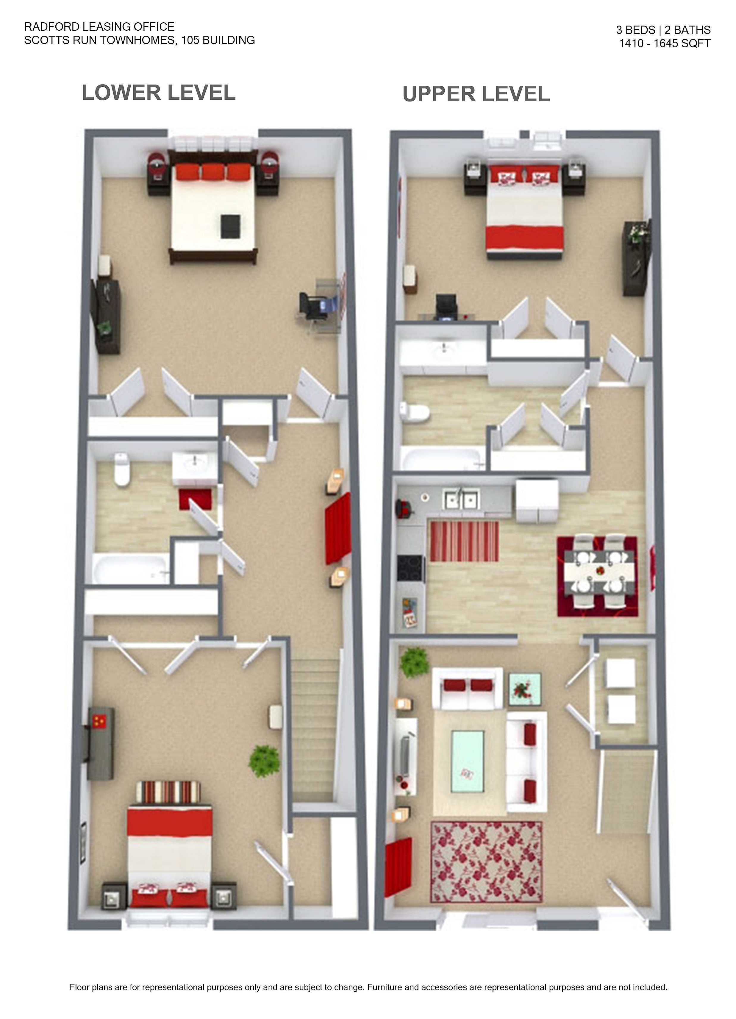 Charming 3D floor plan showcasing a two-level townhouse with 3 bedrooms, 2 bathrooms, elegant living and dining areas, and a modern kitchen. Perfect blend of comfort and style at Scotts Run Townhomes.