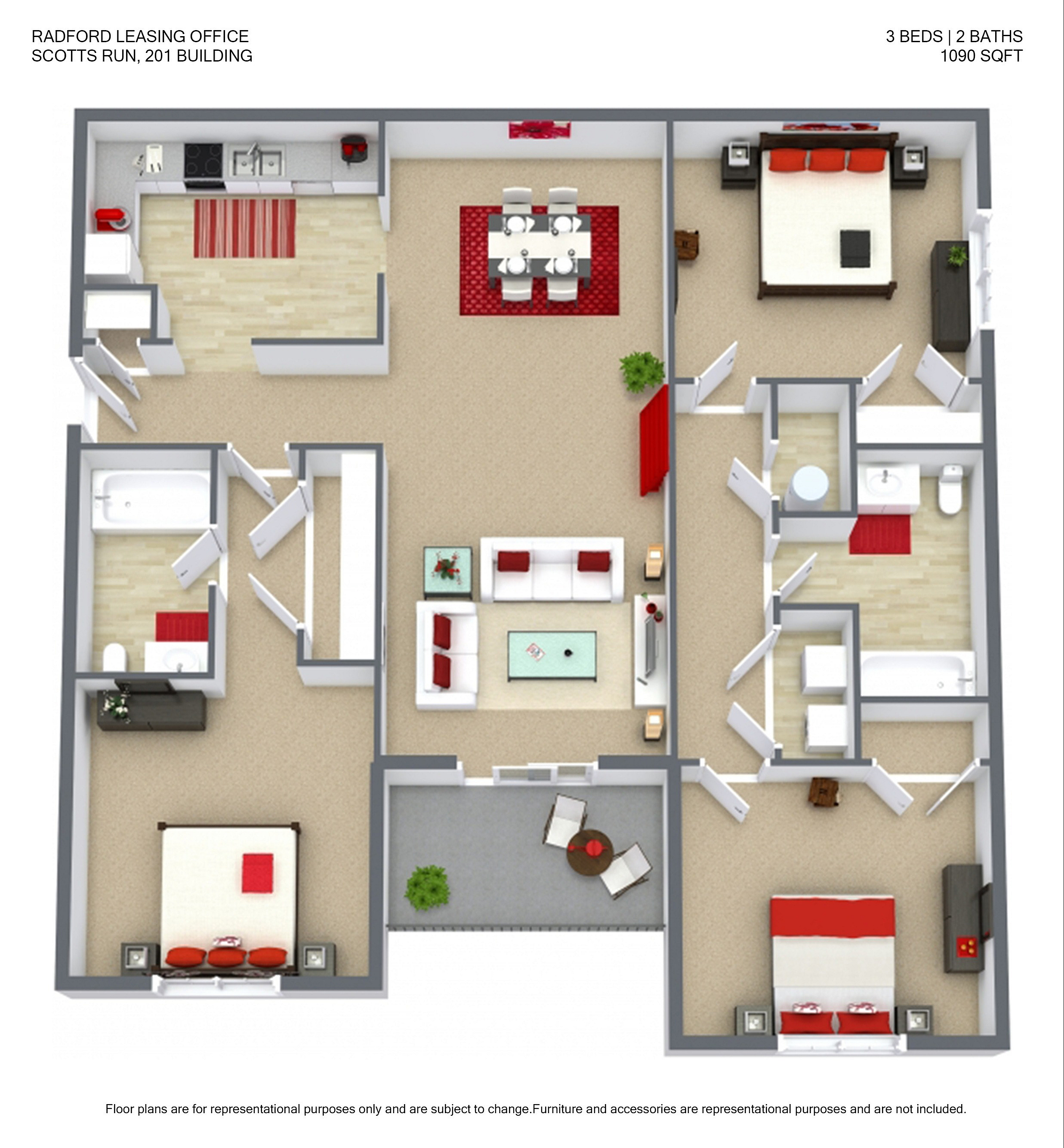 Modern floor plan of Scotts Run, featuring 3 bedrooms and 2 bathrooms within a spacious 1090 sqft layout. Includes an open living area, dining room, and a stylish kitchen.
