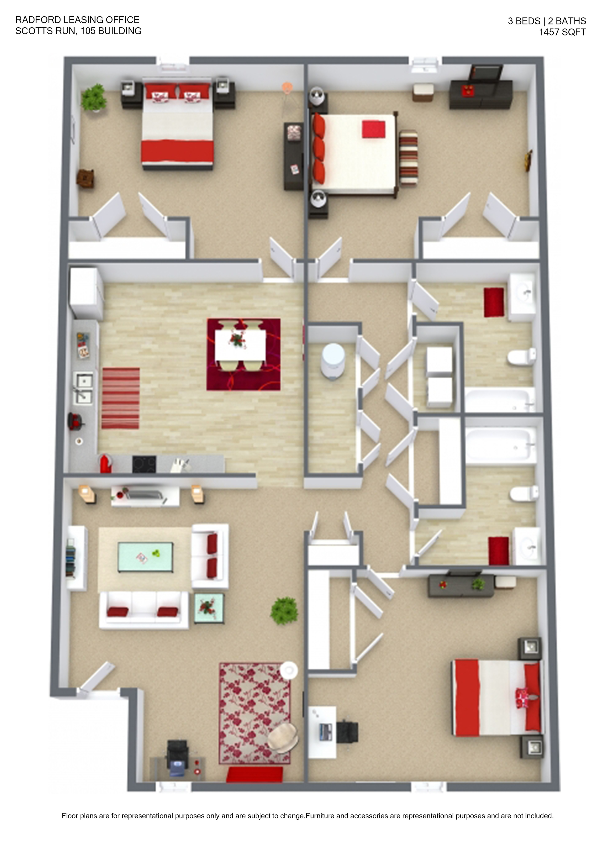 Elegant 3D floor plan of a 3-bedroom, 2-bath apartment at Radford Leasing Office, Scotts Run. Spacious open-concept living area with modern kitchen, inviting living room, and stylish dining space. Total area of 1457 sq ft.