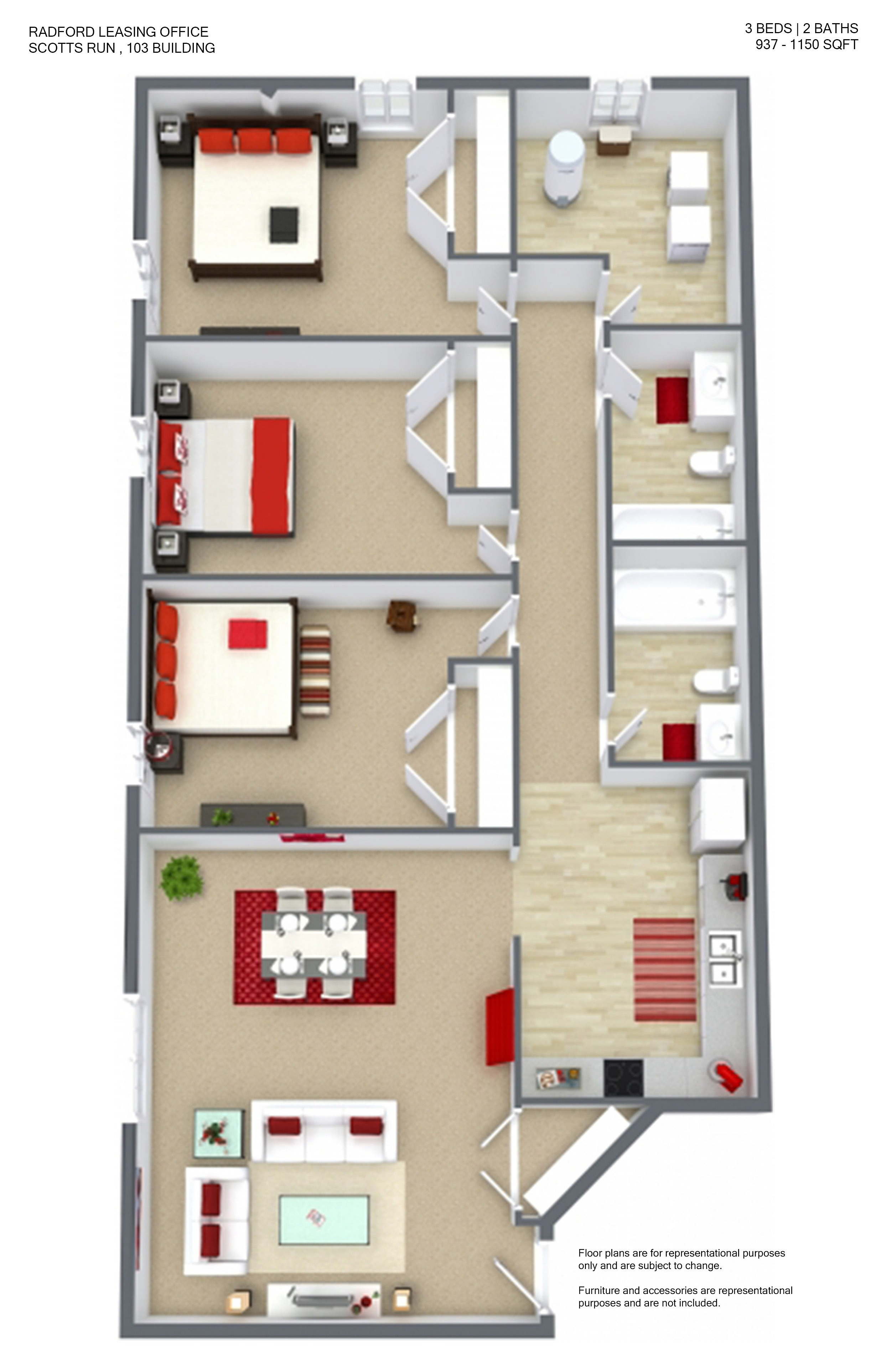 Efficient floor plan of Scotts Run, featuring 3 spacious bedrooms, 2 modern bathrooms, and an inviting open-concept living and dining area, 937sq ft.
