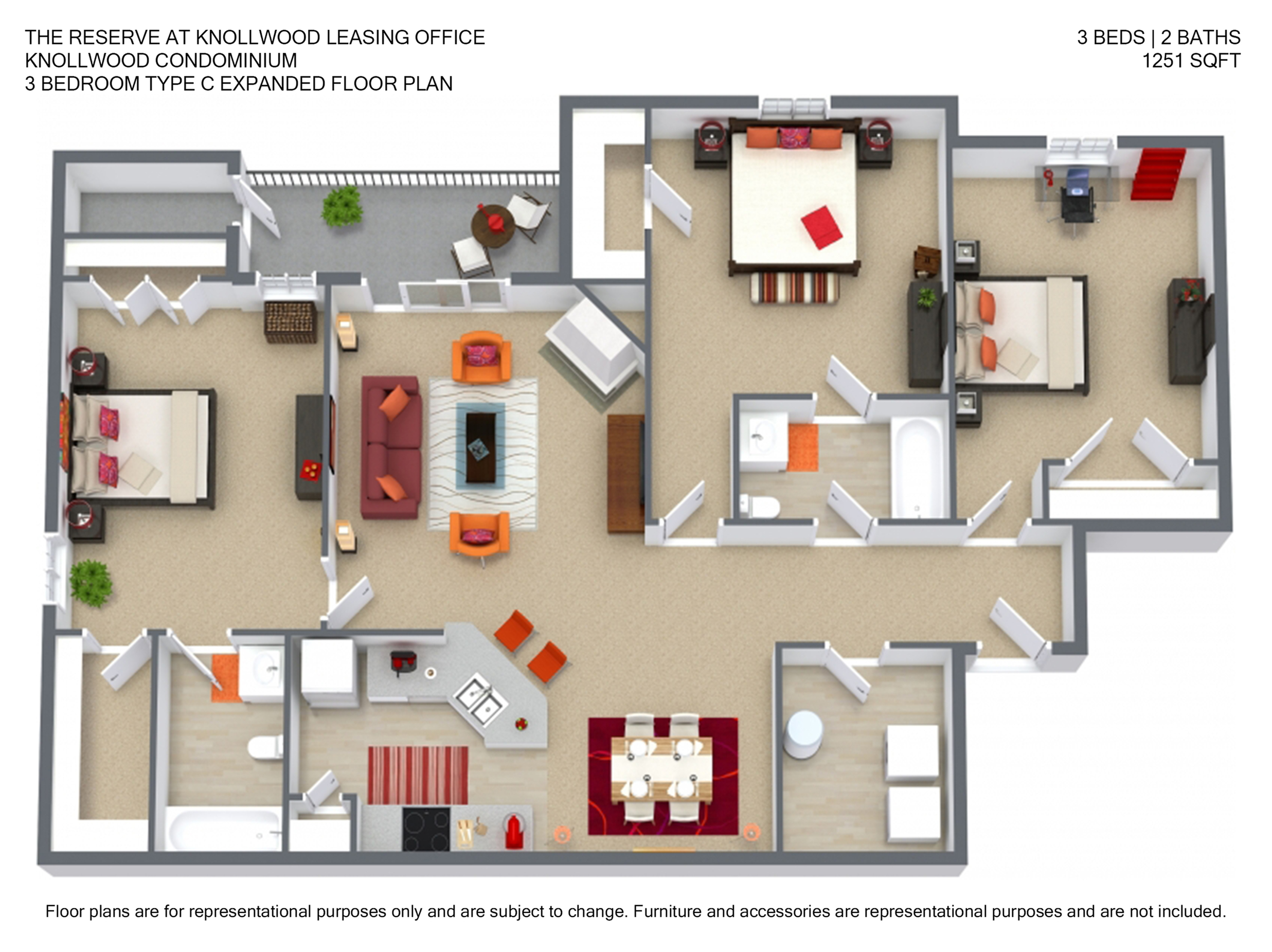 Modern 3-bedroom, 2-bath floor plan with open-concept living and dining area, spacious kitchen, and cozy balcony, 1251 SQFT, at Knollwood Condominium.
