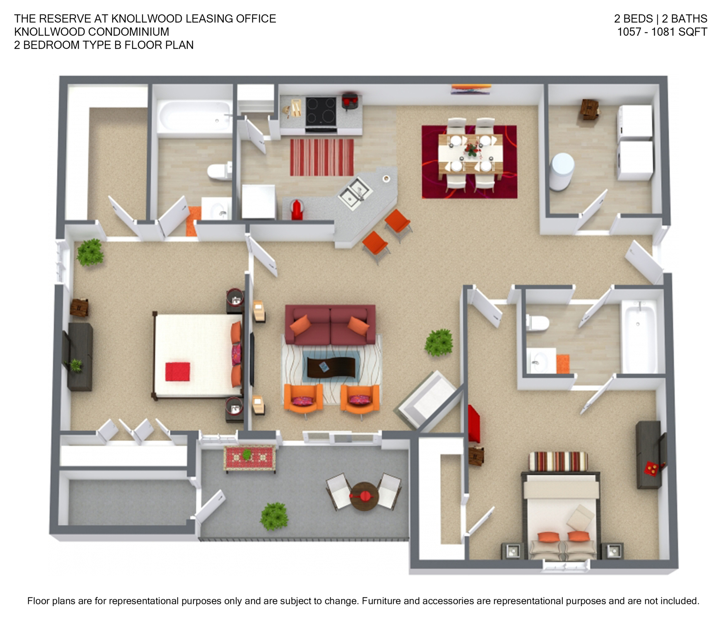 Modern 3D floor plan of Knollwood Condominium, showcasing an elegant 2-bedroom, 2-bath layout with an open-concept living room and kitchen, complemented by a cozy dining area, perfect for urban living, 1057-1081 sq ft.