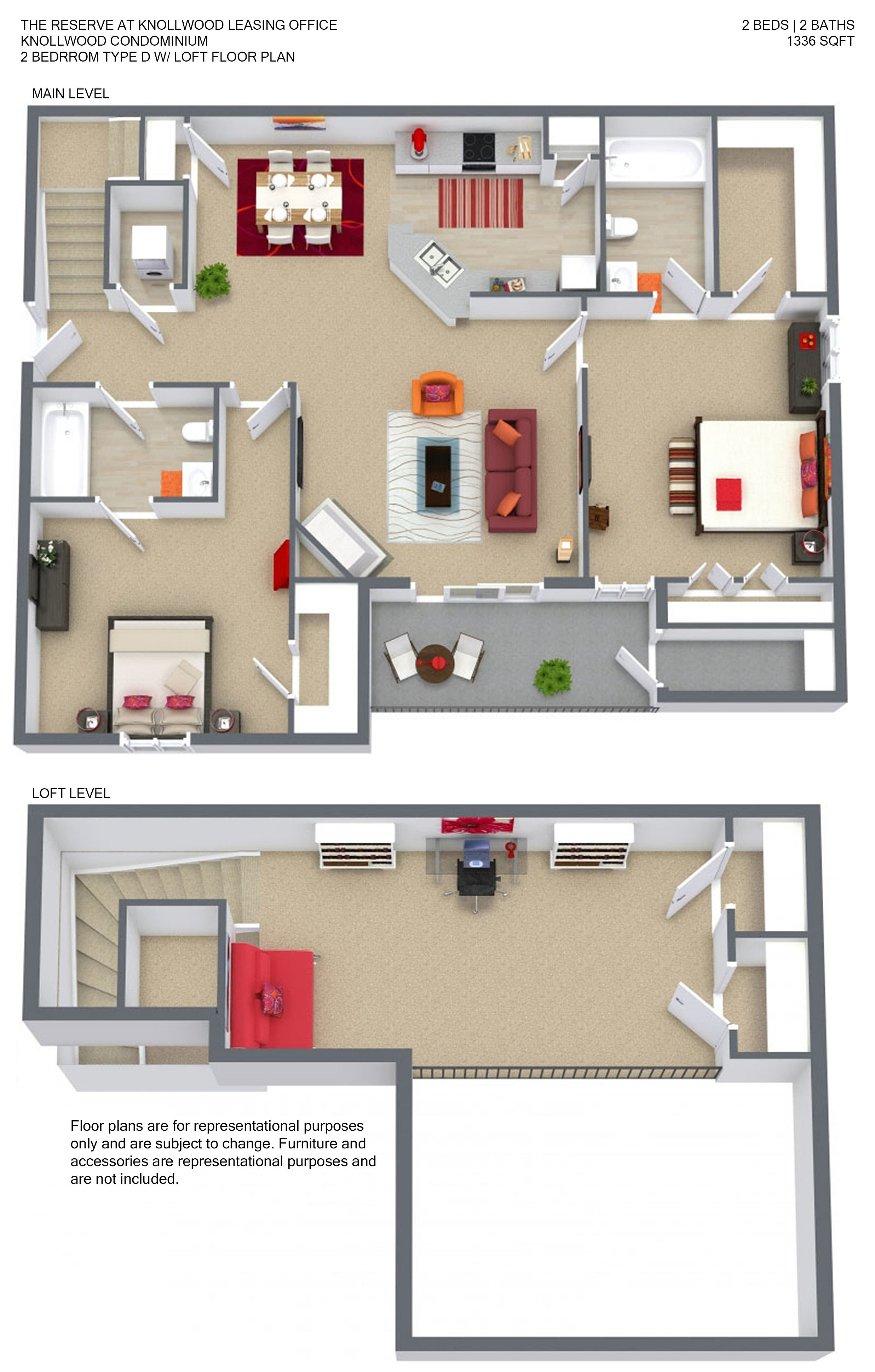 The Knollwood Condominium 3D floor plan showcasing 2 bedrooms, 2 baths, and a unique loft, spanning 1336 sq ft with open living and dining areas.