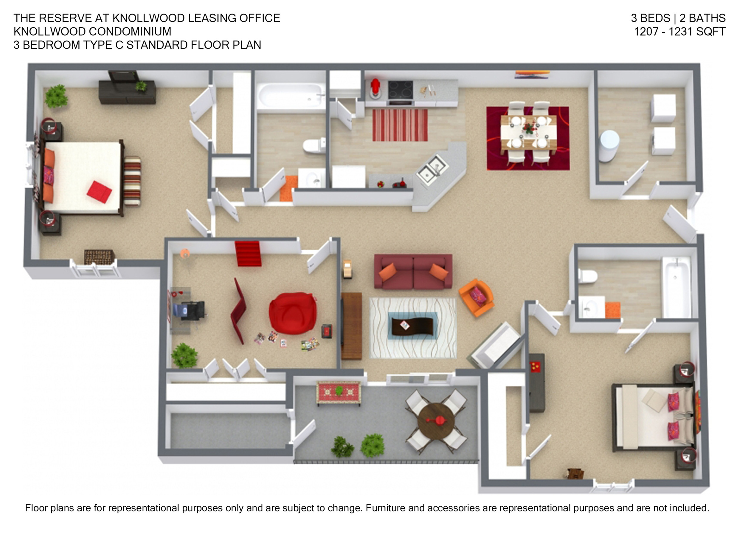 Vibrant 3-bedroom floor plan at Knollwood Condominium, featuring a spacious living room, modern kitchen, and elegant dining area within 1207-1231 sq ft.