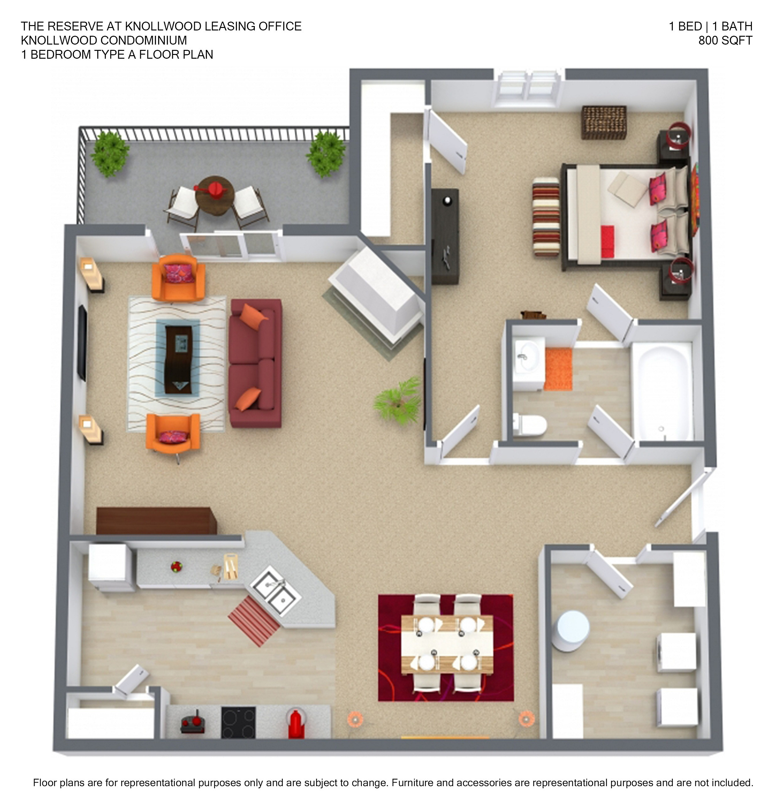 Knollwood Condominium floor plan featuring 1 bedroom, spacious living area, modern kitchen, cozy balcony, and a well-appointed bathroom, 800 sq ft.