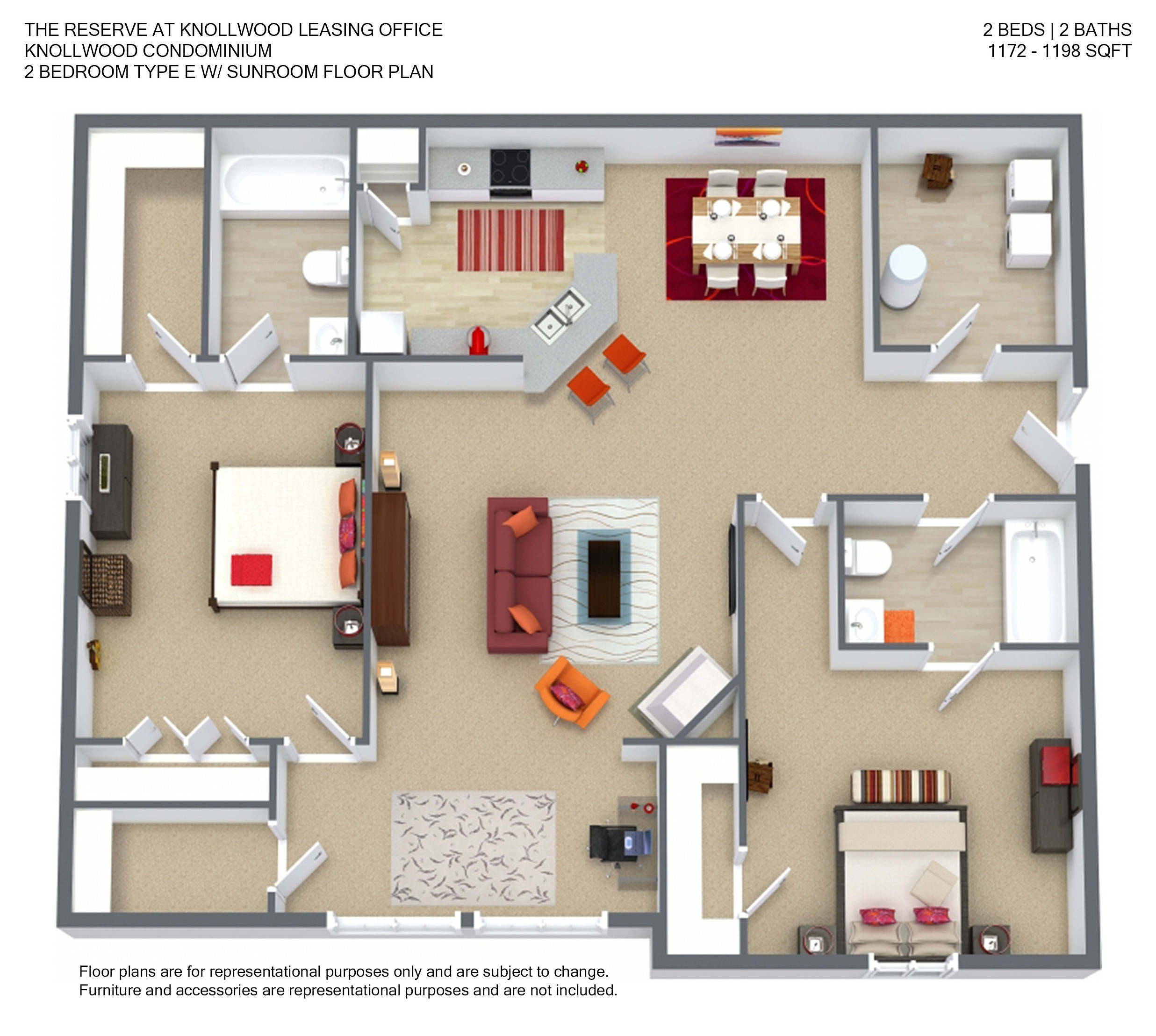 Modern 3D floor plan of Knollwood Condominium, featuring 2 bedrooms and a sunroom, with an open living and dining area, spanning 1172-1198 sq ft.