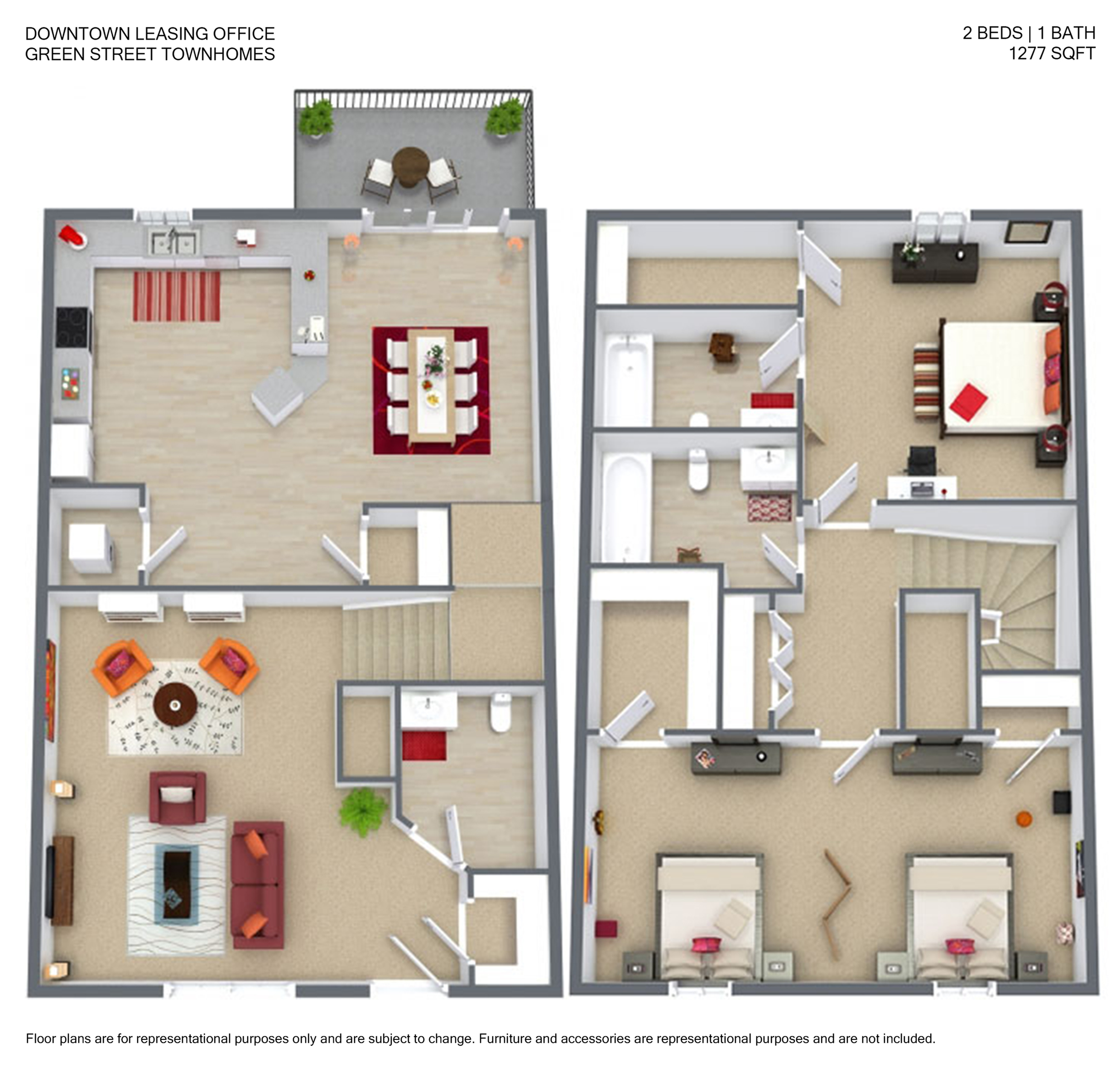 Charming 3D floor plan of a 1277 sq ft townhome featuring 2 bedrooms, 1 bath, a cozy living area, and a modern kitchen with a dining space, located at Green Street Townhomes with a private balcony.