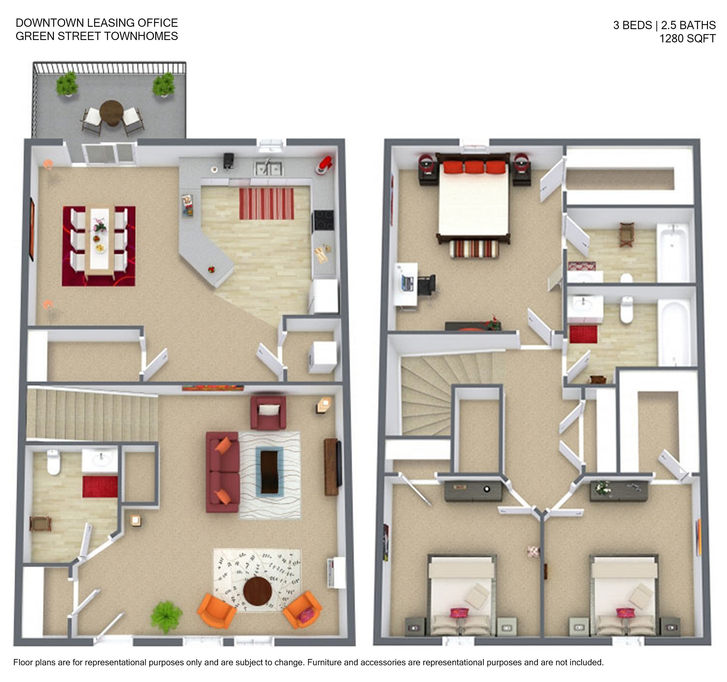Inviting 3D floor plan for Green Street Townhomes featuring 3 spacious bedrooms, 2.5 modern bathrooms, a sleek open-concept kitchen, and a cozy living area, all within 1280 sq ft.