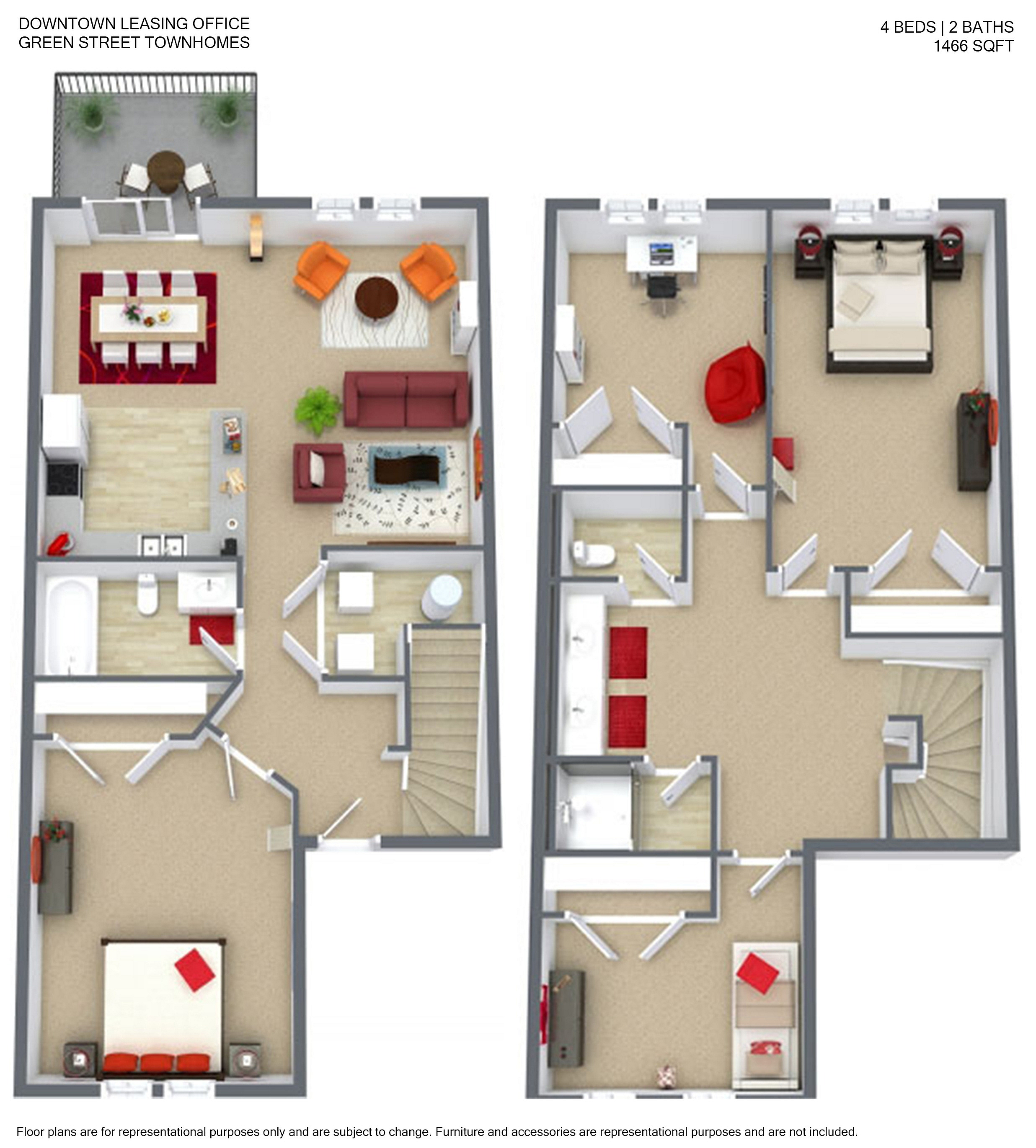 Charming 3D floor plan of Green Street Townhomes showcasing 4 spacious bedrooms, 2 modern baths, a cozy living area with stylish furniture, and a welcoming balcony. Ideal for comfortable family living, 1466 sq ft.