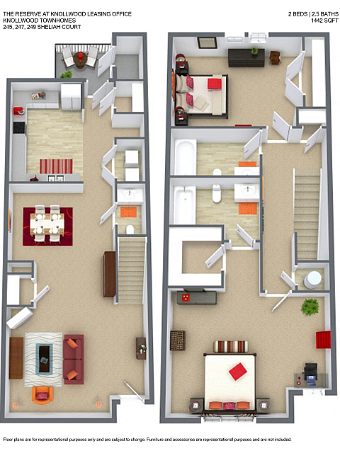 Charming townhome floor plan featuring 2 bedrooms and 2.5 baths, showcasing an open-concept living area and modern kitchen, perfect for stylish living.
