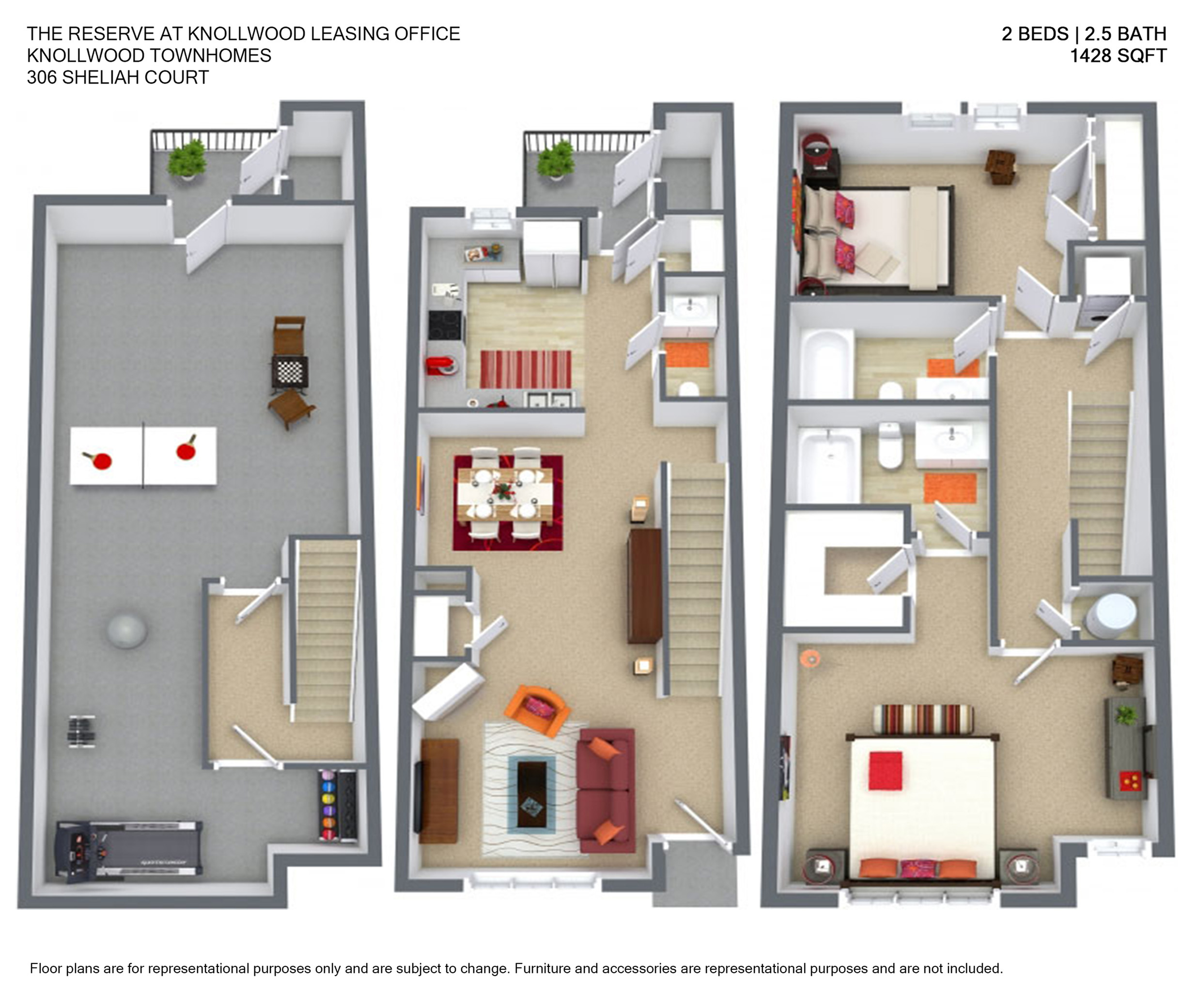 Spacious 3D floor plan showcasing 2 bedrooms and 2.5 baths in a modern townhouse layout, featuring an open-concept living room, stylish kitchen, and private balcony, totaling 1428 sq ft.