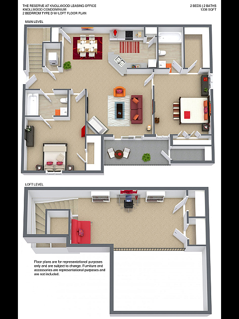 Elegant 2D floor plan of a Knollwood Condominium showcasing a vibrant main level with 2 bedrooms, spacious living room, modern kitchen, and loft area. Total area of 1336 sq ft, perfect for stylish urban living.