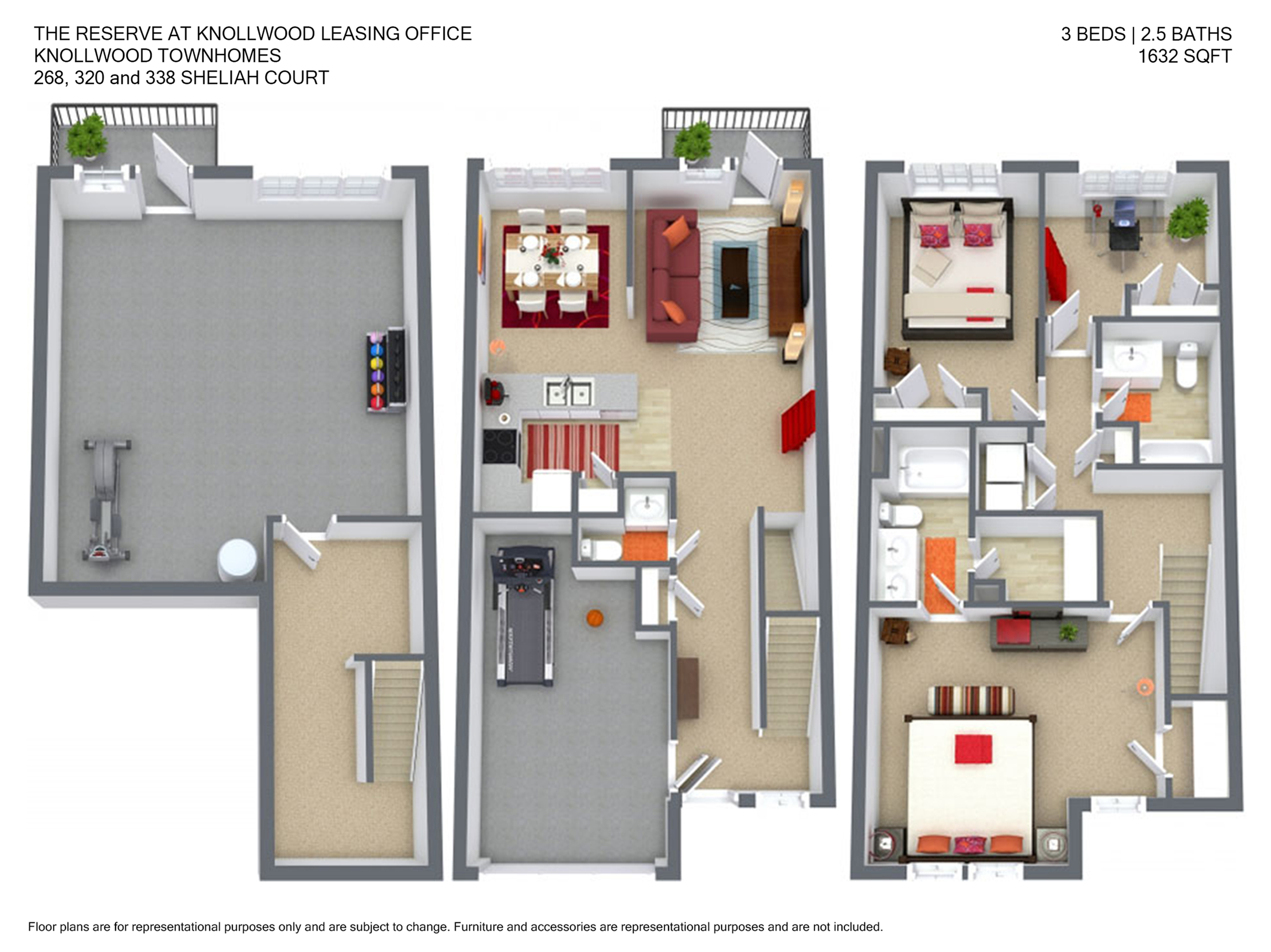 Elegant 3D floor plan of Knollwood Townhomes featuring 3 bedrooms, 2.5 baths, and open living areas. Includes a spacious kitchen and stylish recreational space over 1632 square feet.