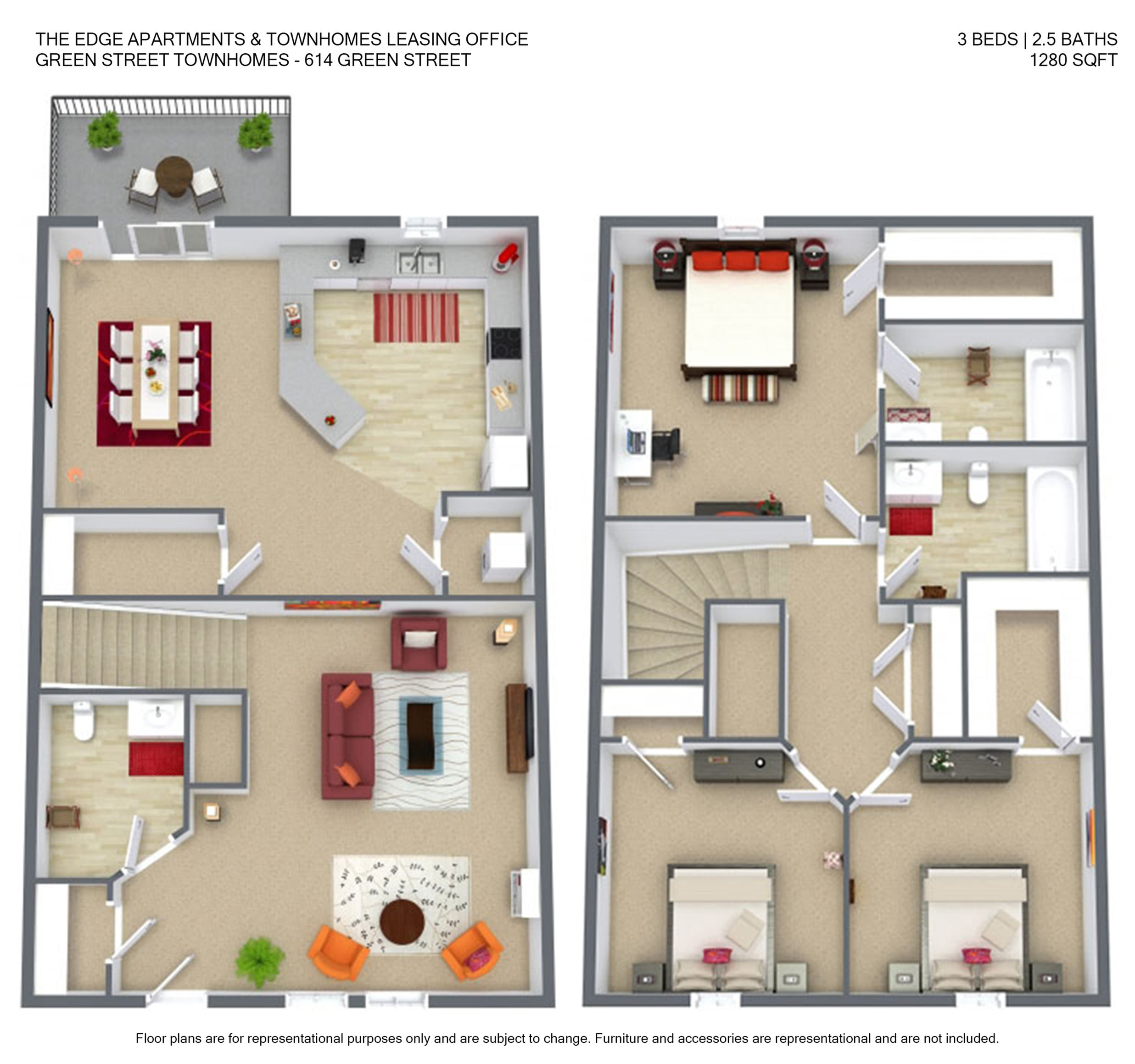 Modern two-story floor plan of 614 Green Street featuring 3 bedrooms, 2.5 baths, a spacious open living area, and a stylish kitchen with dedicated dining space, totaling 1280 sq ft.