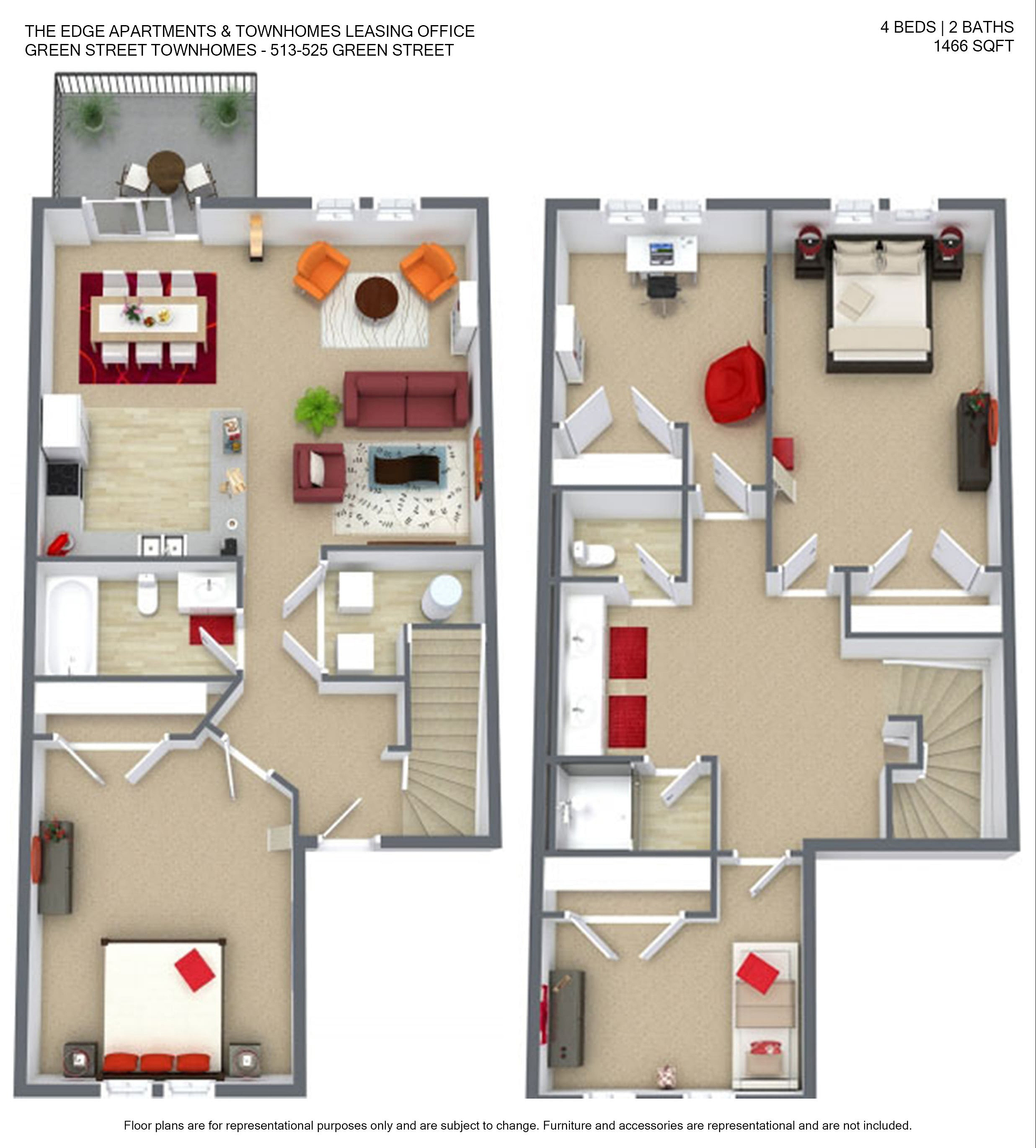 Modern 3D floor plan of Green Street Townhomes featuring 4 bedrooms, 2 baths, open-concept living area, and private balcony, covering 1466 sq ft.