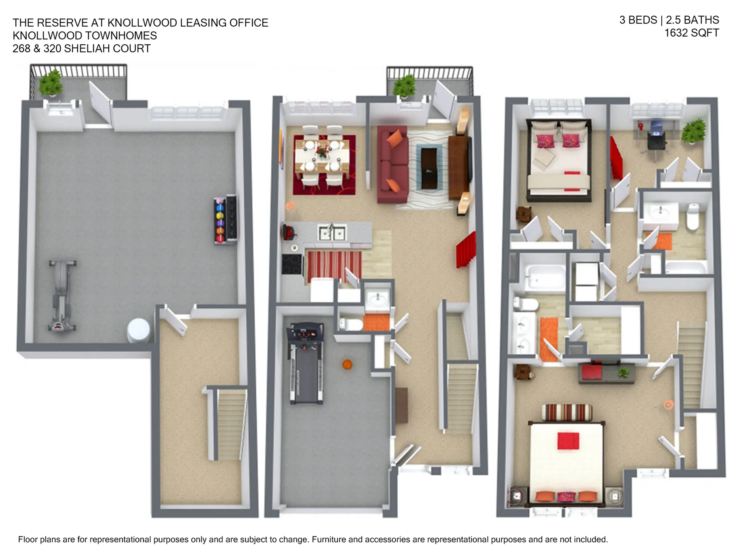 Modern Knollwood Townhomes floor plan featuring 3 bedrooms, 2.5 baths, spacious living area, and fitness room, 1632 sqft.