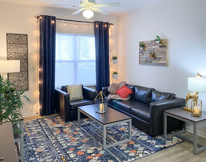 Inviting living room with cozy black sofas, ambient string lights, and a stylish geometric centerpiece on a colorful area rug.