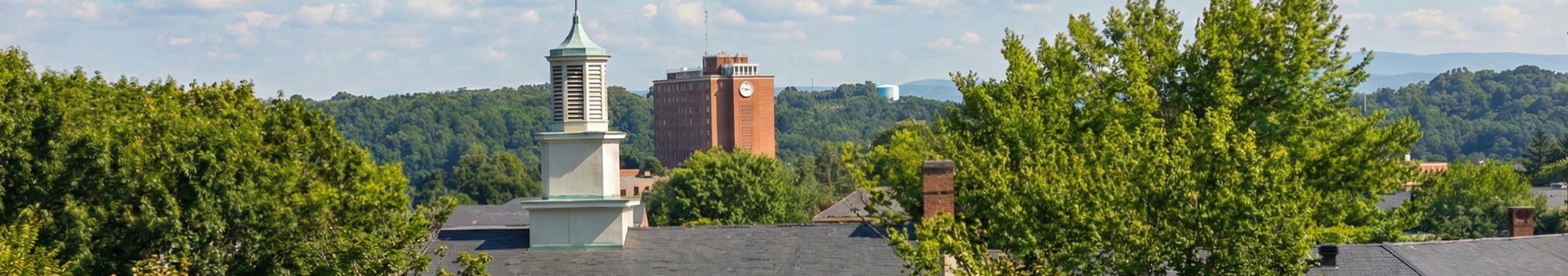 Scenic apartment view featuring lush green trees, a charming tower, and a distant building against a backdrop of hills and blue sky.