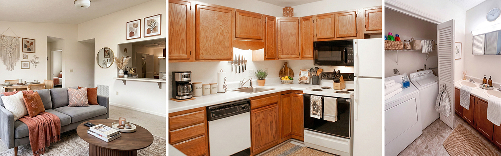 Charming apartment featuring a cozy living room with elegant decor, a modern kitchen with wooden cabinets, and a convenient laundry room along with a sleek bathroom.
