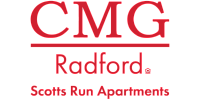 CMG Radford logo featuring Scotts Run Apartments branding in bold red lettering.