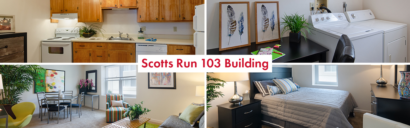 Inviting collage of Scotts Run 103 Building showcasing a cozy kitchen, stylish living room, comfortable bedroom, and convenient laundry area.