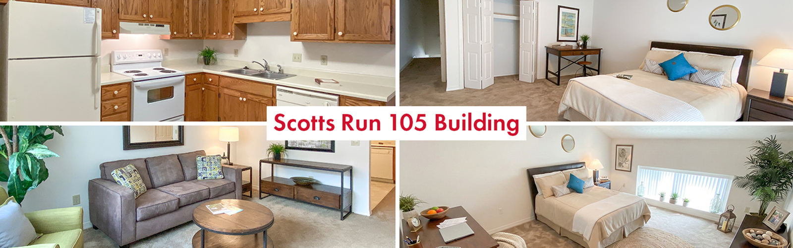 Inviting apartment interior at Scotts Run 105 Building featuring cozy kitchen, stylish living room, and two beautifully decorated bedrooms with modern accents.