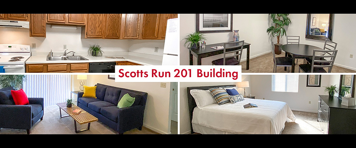 Inviting Scotts Run 201 features a cozy living room with vibrant decor, a sleek kitchen with wooden cabinetry, a chic dining area, and a serene bedroom with ample natural light.