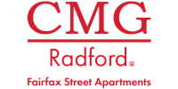 Elegant branding logo of CMG Radford Fairfax Street Apartments in bold red lettering, showcasing a stylish and inviting residential option.