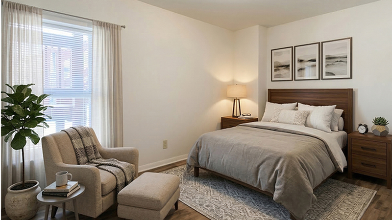 Inviting bedroom with cozy decor, featuring a plush bed, elegant bedside tables, and a serene reading nook by the window.