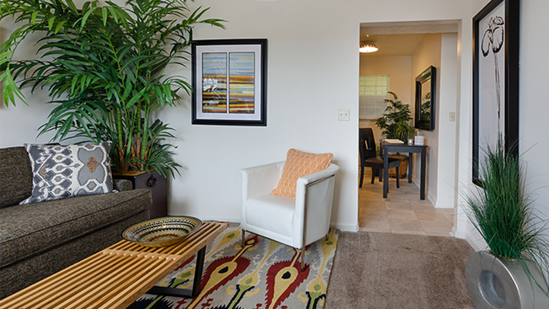 Inviting living room with modern decor, featuring a cozy sofa, vibrant rug, lush green plants, and a stylish seating arrangement leading to a dining area.