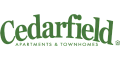 Cedarfield Apartments & Townhomes green logo, showcasing distinctive and elegant housing branding.