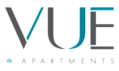 Elegant logo of Vue Apartments featuring modern typography and a subtle home icon.