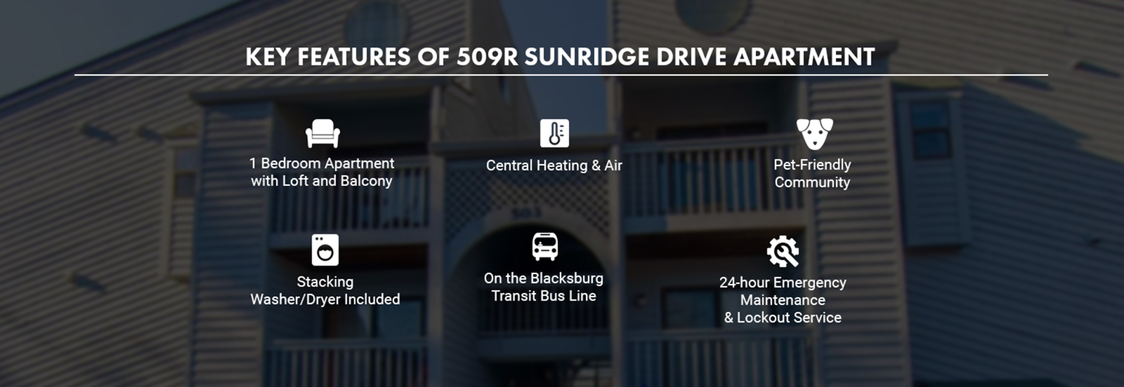 Charming 1-bedroom apartment at 509R Sunridge Drive featuring a loft, balcony, central heating & air, and pet-friendly community with stacking washer/dryer included.