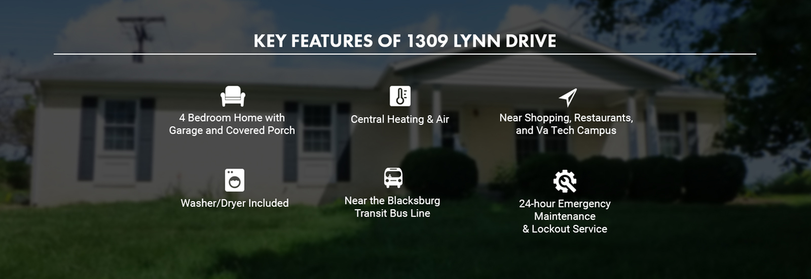 Inviting 4-bedroom home on 1309 Lynn Drive featuring a garage, covered porch, and central heating. Conveniently located near shopping, restaurants, and Virginia Tech campus with 24-hour maintenance service and easy access to transit.
