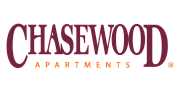 Elegant Chasewood Apartments logo featuring bold maroon lettering and bright orange accents.