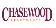 Elegant logo for Chasewood Apartments, featuring bold maroon text with modern design.