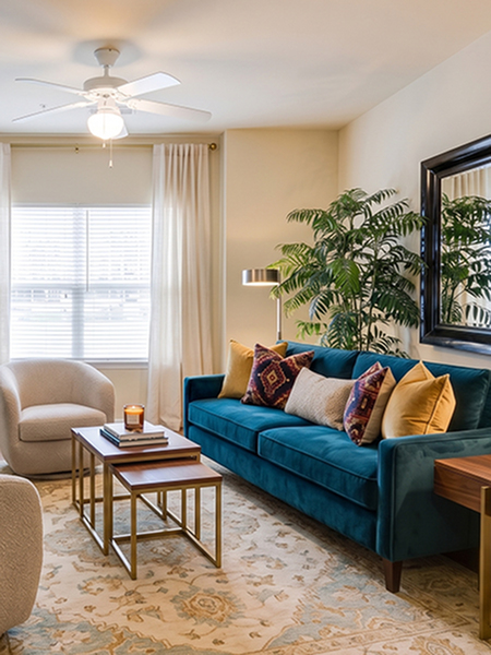 Inviting living room with elegant decor, featuring a plush turquoise sofa, cozy armchair, and vibrant indoor plant.