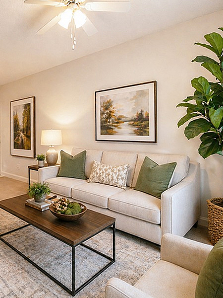 Elegant living room with cozy sofa, chic decor, and lush plant accents in a bright and inviting space.