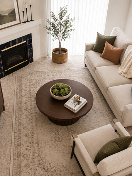 Elegant living room with cozy fireplace, stylish furniture, and a lush potted plant exuding warmth and sophistication.