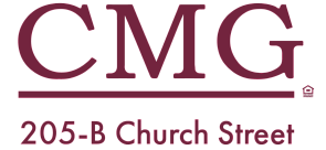 Elegant CMG logo with the address 205-B Church Street in a sophisticated burgundy font.