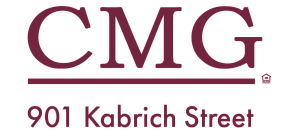 Elegant CMG logo featuring bold, maroon letters with 901 Kabrich Street address in a modern font.